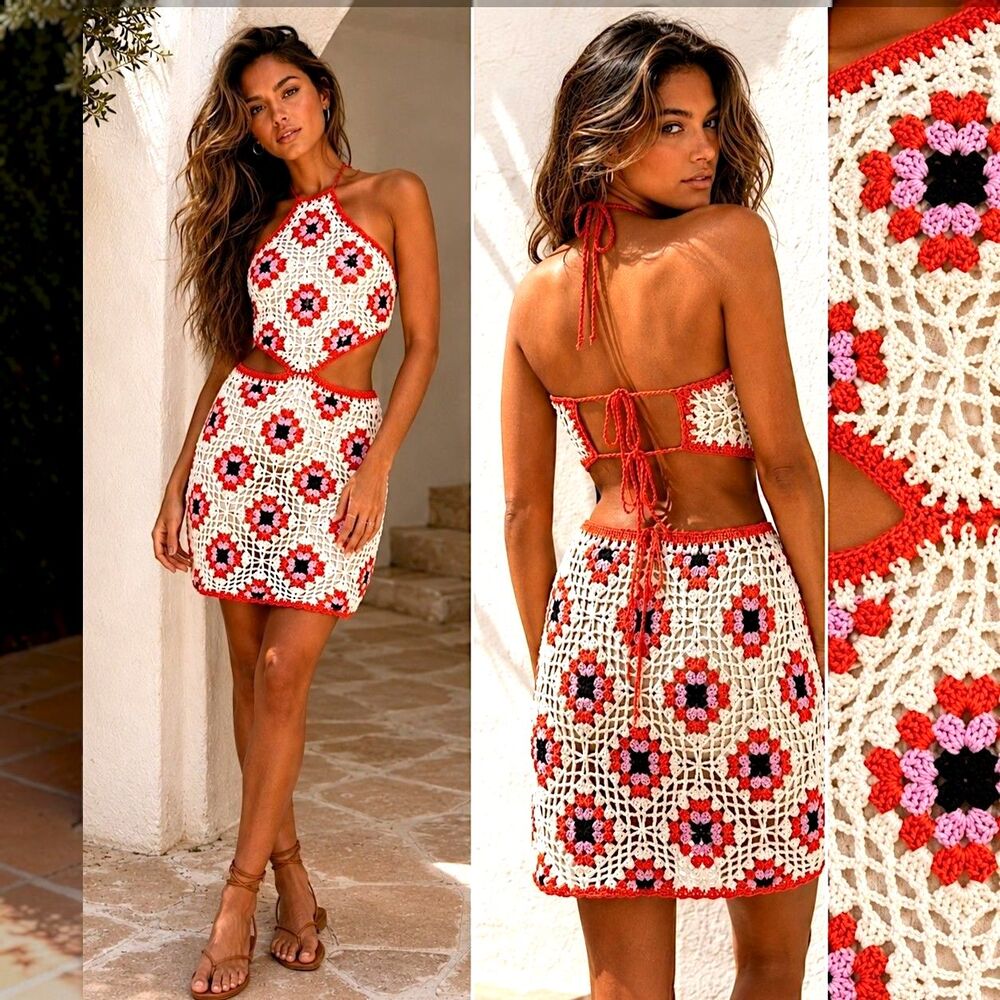 Indikah Crochet M Halter Mini Dress Granny Square Cutout Festival Boho Hippie
